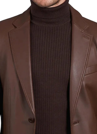 Mens Two Button Notch Lapel Cognac Waxed Leather Blazer