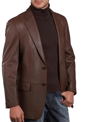 Mens Two Button Notch Lapel Cognac Waxed Leather Blazer