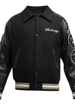 Mens Black Wool College Bomber Jacket with Leather Sleeves