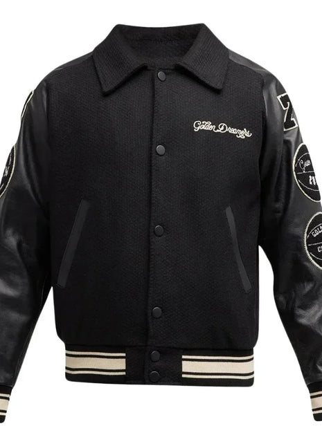 Mens Black Wool College Bomber Jacket with Leather Sleeves