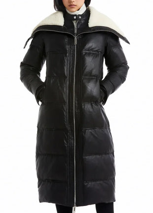 Women’s Full Length Lamb Leather Coat with Funnel Shearling Collar