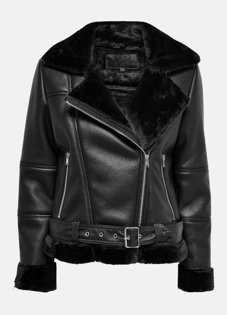 Womens Black Shearling Jacket With Asymmetrical Zipper