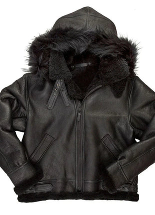 Mens Black Hooded B3 Shearling Aviator Leather Bomber Jacket