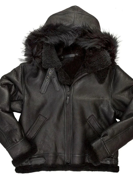 Mens Black Hooded B3 Shearling Aviator Leather Bomber Jacket