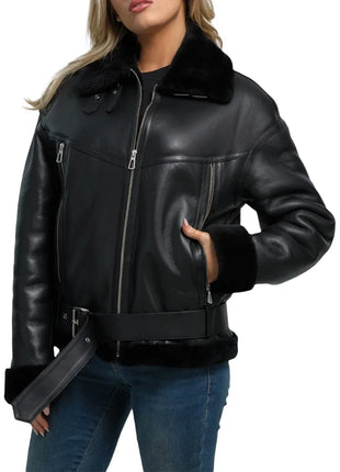 Womens Black B3 Shearling Aviator Leather Jacket