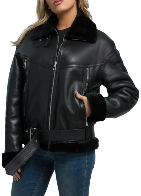 Womens Black B3 Shearling Aviator Leather Jacket