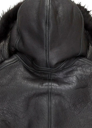 Mens Black Hooded B3 Shearling Aviator Leather Bomber Jacket