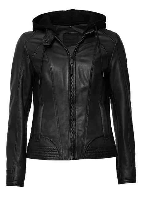 Women's Black Hooded Leather Moto Jacket