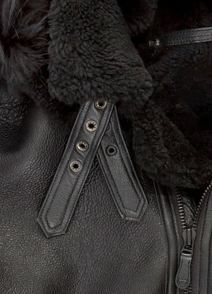 Mens Black Hooded B3 Shearling Aviator Leather Bomber Jacket