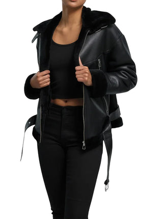 Womens Black B3 Shearling Aviator Leather Jacket