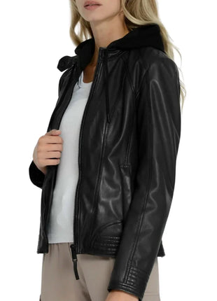 Women's Black Hooded Leather Moto Jacket