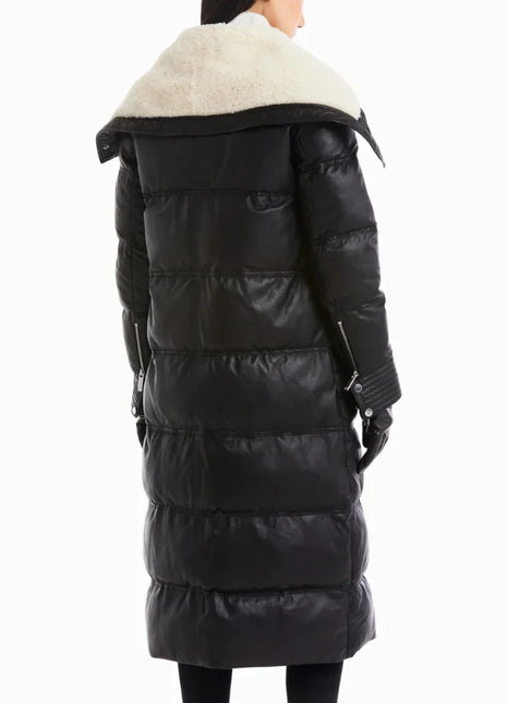 Women’s Full Length Lamb Leather Coat with Funnel Shearling Collar