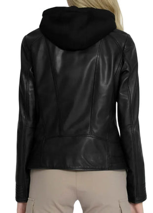 Women's Black Hooded Leather Moto Jacket