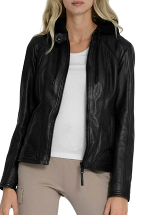 Women's Black Hooded Leather Moto Jacket