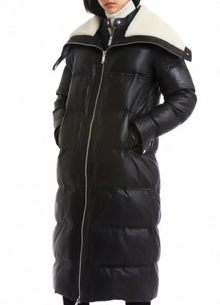 Women’s Full Length Lamb Leather Coat with Funnel Shearling Collar