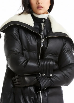 Women’s Full Length Lamb Leather Coat with Funnel Shearling Collar