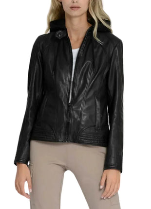 Women's Black Hooded Leather Moto Jacket