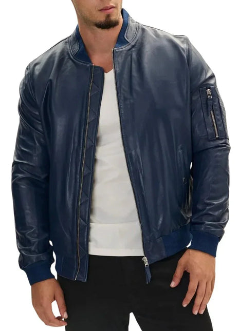 Men's Navy Blue Real Leather Bomber Jacket