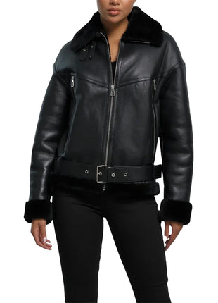 Womens Black B3 Shearling Aviator Leather Jacket