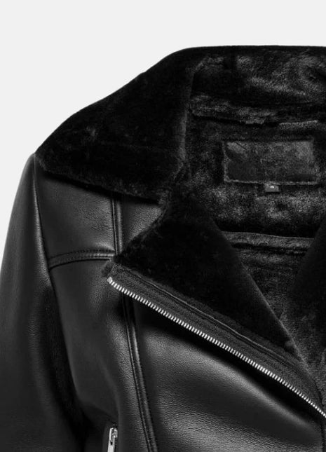 Womens Black Shearling Jacket With Asymmetrical Zipper