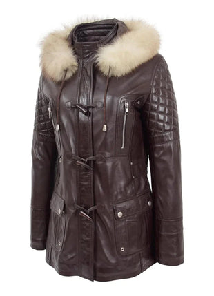 Women’s Ariel Brown Sheepskin Leather Duffle Coat with Removable Sherpa Hood