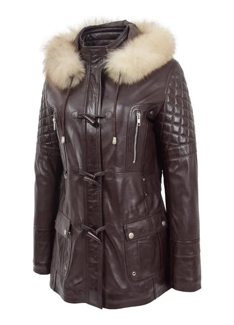 Women’s Ariel Brown Sheepskin Leather Duffle Coat with Removable Sherpa Hood