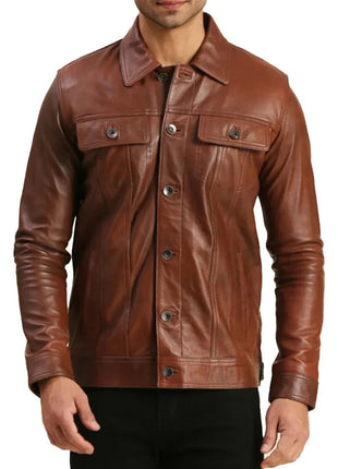 Mens Trucker Real Leather Brown Moto Jacket