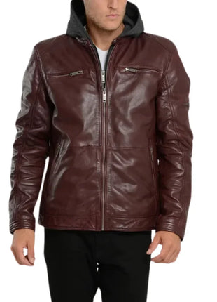 Men's Maroon Bomber Hooded Leather Jacket