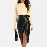 Women’s Simple Black Midi Leather Skirt