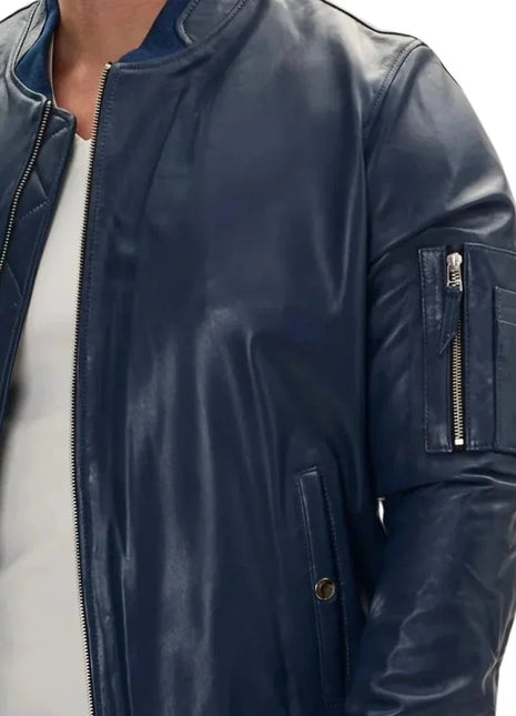 Men's Navy Blue Real Leather Bomber Jacket