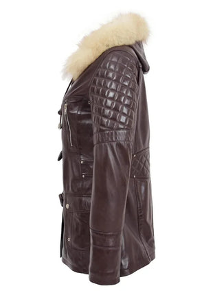Women’s Ariel Brown Sheepskin Leather Duffle Coat with Removable Sherpa Hood