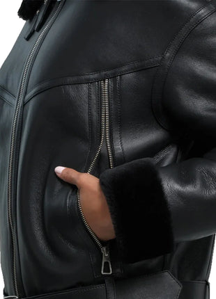 Womens Black B3 Shearling Aviator Leather Jacket