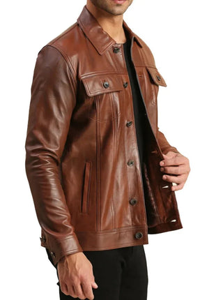 Mens Trucker Real Leather Brown Moto Jacket