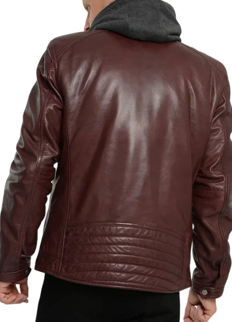 Men's Maroon Bomber Hooded Leather Jacket