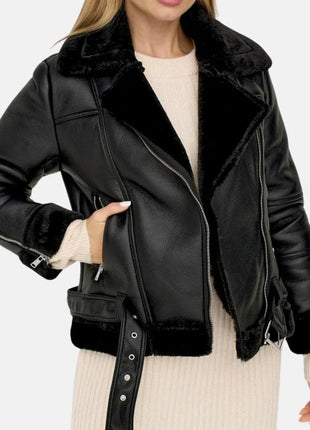 Womens Black Shearling Jacket With Asymmetrical Zipper