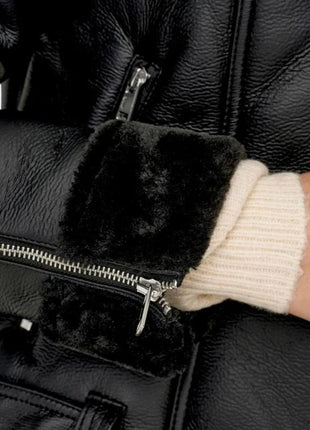 Womens Black Shearling Jacket With Asymmetrical Zipper