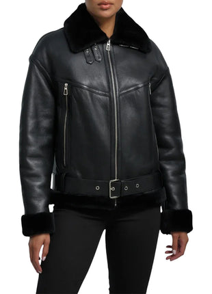 Womens Black B3 Shearling Aviator Leather Jacket