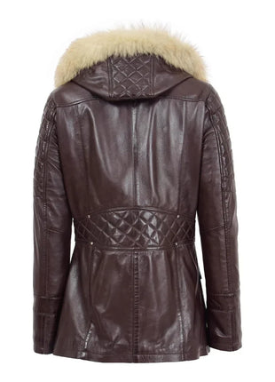 Women’s Ariel Brown Sheepskin Leather Duffle Coat with Removable Sherpa Hood