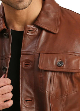 Mens Trucker Real Leather Brown Moto Jacket