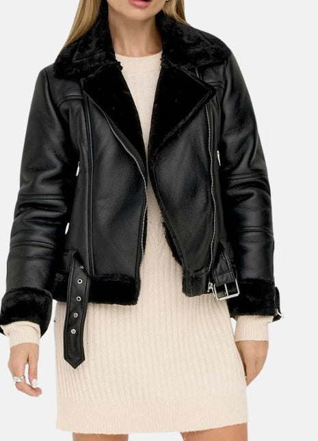 Womens Black Shearling Jacket With Asymmetrical Zipper