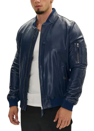 Men's Navy Blue Real Leather Bomber Jacket