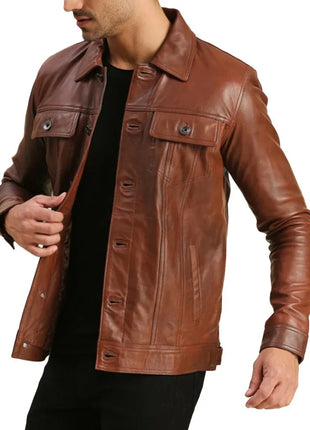 Mens Trucker Real Leather Brown Moto Jacket