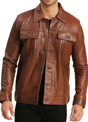 Mens Trucker Real Leather Brown Moto Jacket