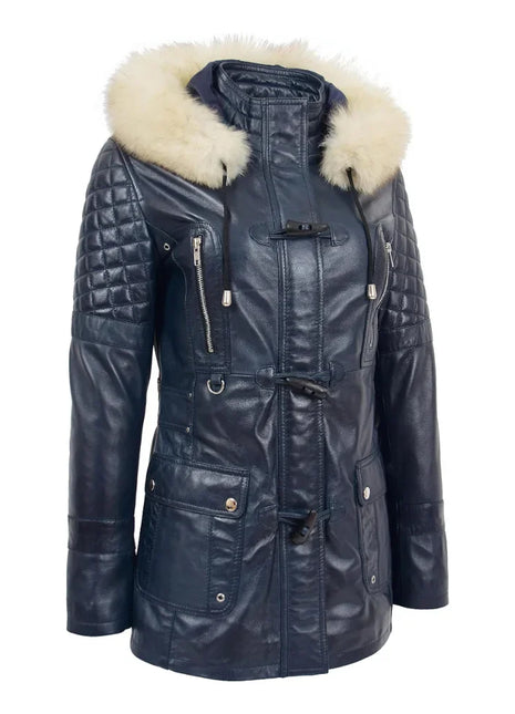 Women’s Blue Sheepskin Leather Duffle Coat with Removable Sherpa Hood