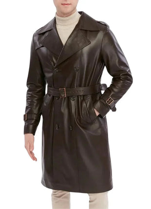 Men's Double Breasted Brown Trench Leather Coat