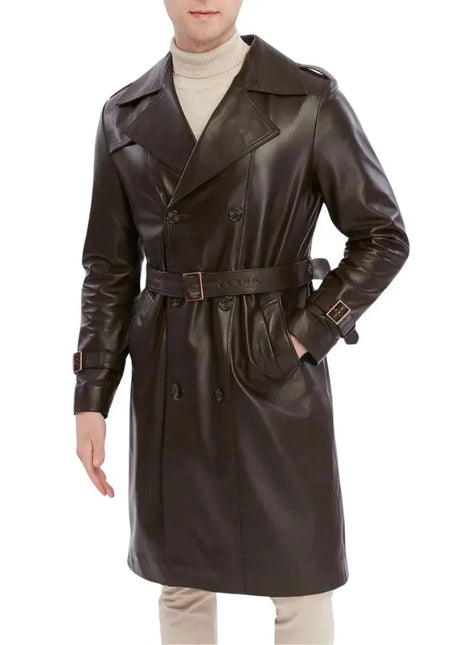 Men's Double Breasted Brown Trench Leather Coat