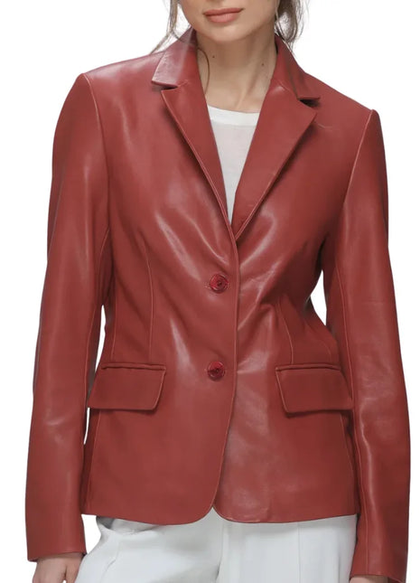 Modern Notch Lapel Red Leather Blazer Ladies