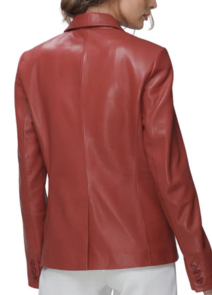 Modern Notch Lapel Red Leather Blazer Ladies
