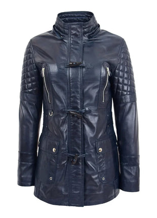 Women’s Blue Sheepskin Leather Duffle Coat with Removable Sherpa Hood