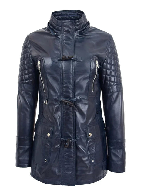 Women’s Blue Sheepskin Leather Duffle Coat with Removable Sherpa Hood